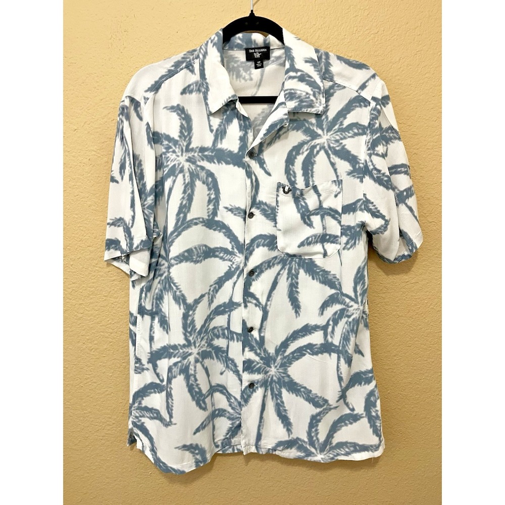 True Religion Hawaiian Shirt Mens Small Blue White Palm Tree Short Sleeve